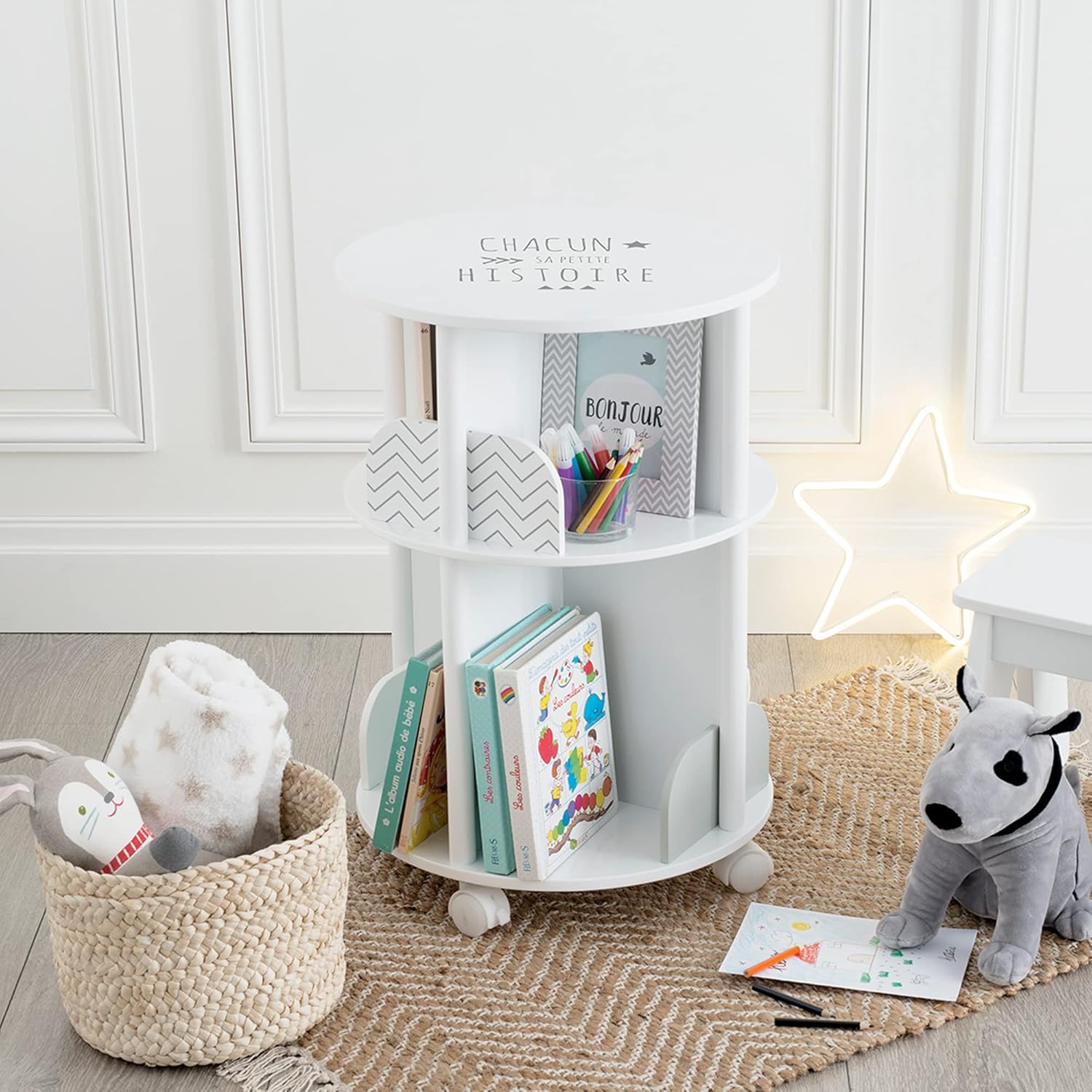 Bibliothèque enfant ronde Montessori Atmosphera blanc et gris H59 cm – Image 2