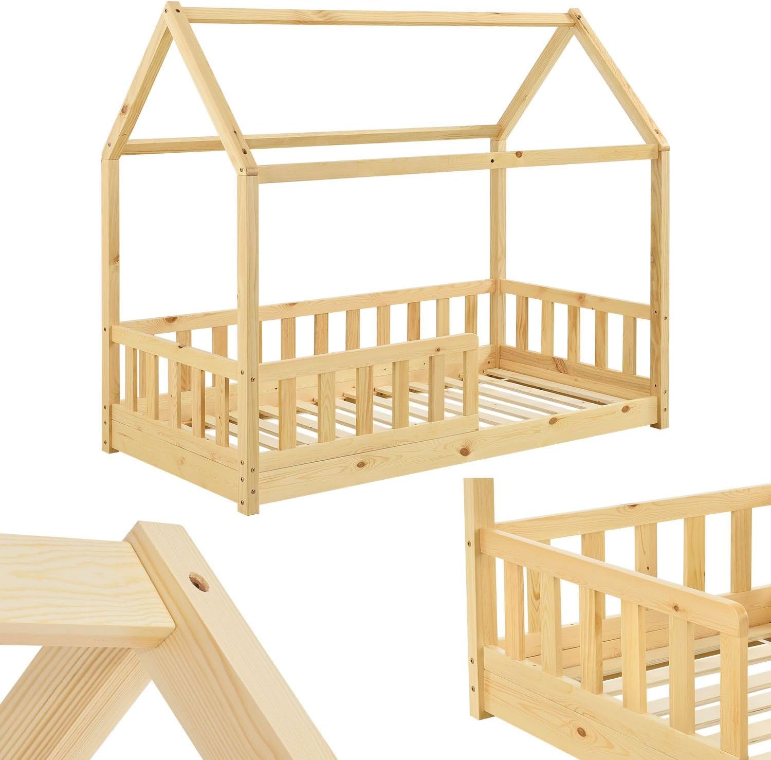 Lit Montessori Marli en bois massif avec protection antichute et toit