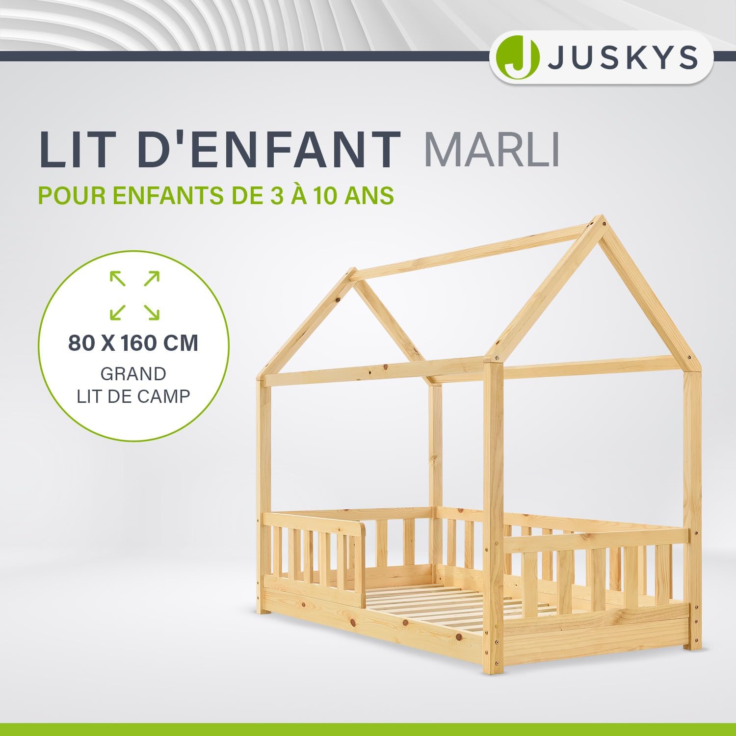 Lit Montessori Marli en bois massif avec protection antichute et toit – Image 3