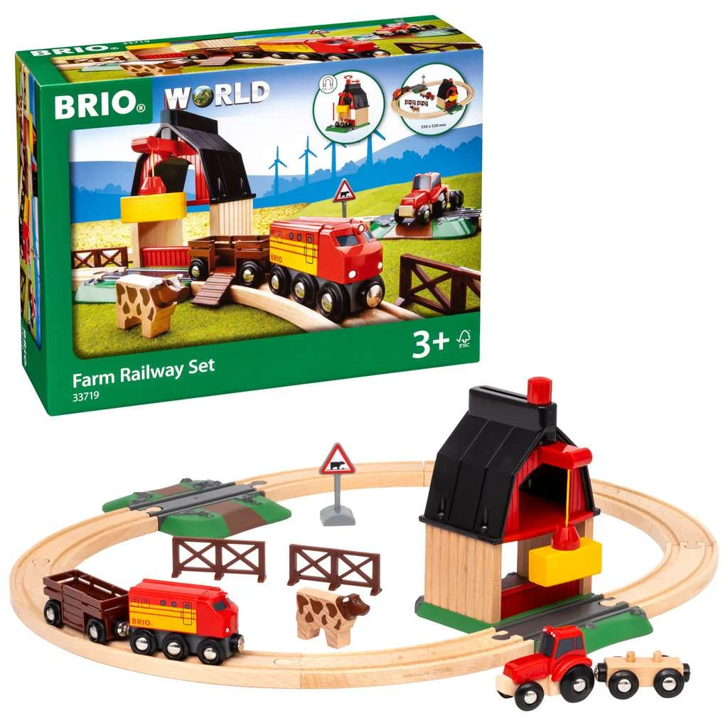 Circuit de la ferme – Coffret complet de 20 pièces avec grue aimantée et animaux – Circuit de train en bois